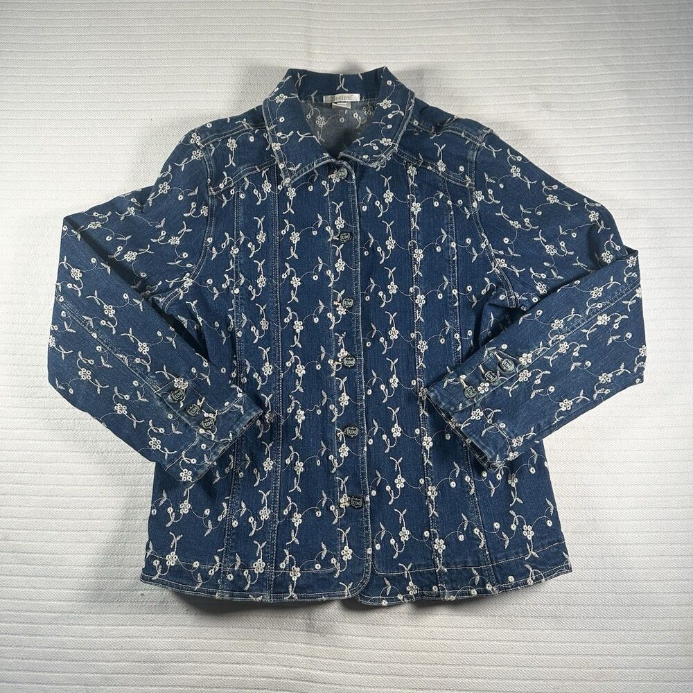 Bestow Women’s Denim Jacket Medium Blue Floral Embroidered Button Front